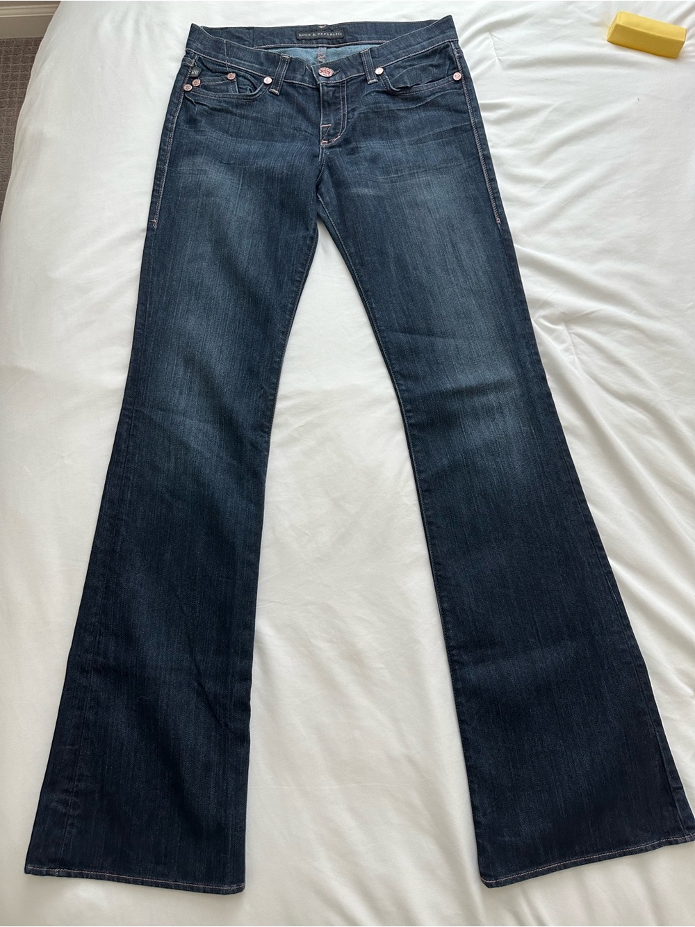 Rock & Republic Dark Blue Flare Jeans with Rose Gold Hardware Ultra Low-Rise!